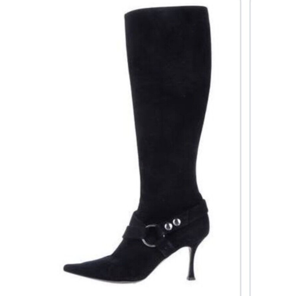 Brian Atwood black suede leather tall boots heels size 37 us 6.5, made in italy